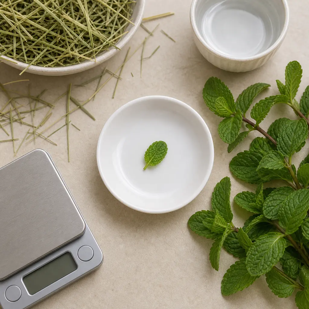 Tiny washed mint leaf piece on a saucer beside fresh mint sprigs, hay, water, and a gram scale.