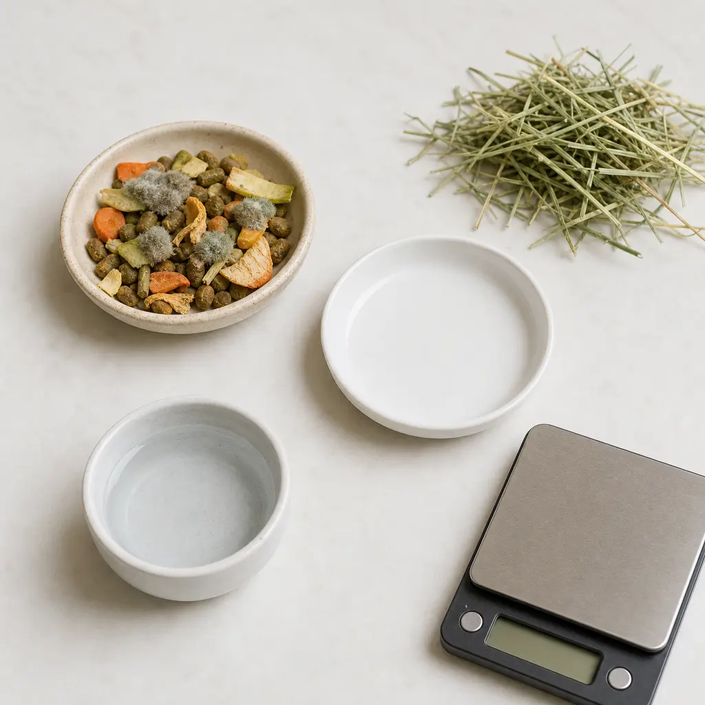 Moldy mixed food pellets and old vegetable scraps kept away from an empty saucer, hay, water, and a gram scale.