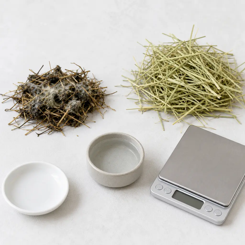 Moldy damp hay kept separate from clean hay, an empty saucer, water, and a gram scale.