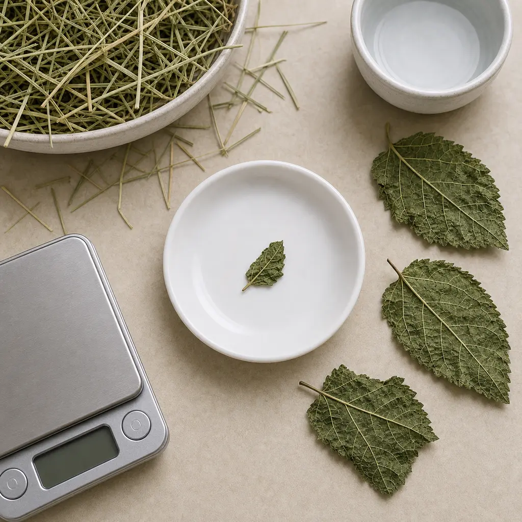 Tiny clean dried mulberry leaf piece on a saucer beside dried mulberry leaves, hay, water, and a gram scale.