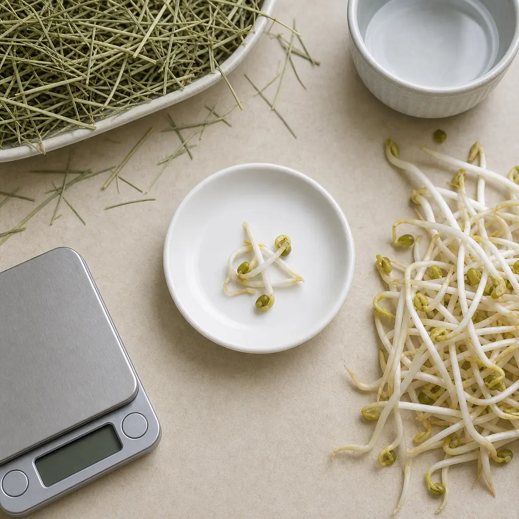 Tiny fresh mung bean sprout portion on a saucer beside plain mung bean sprouts, hay, water, and a gram scale.