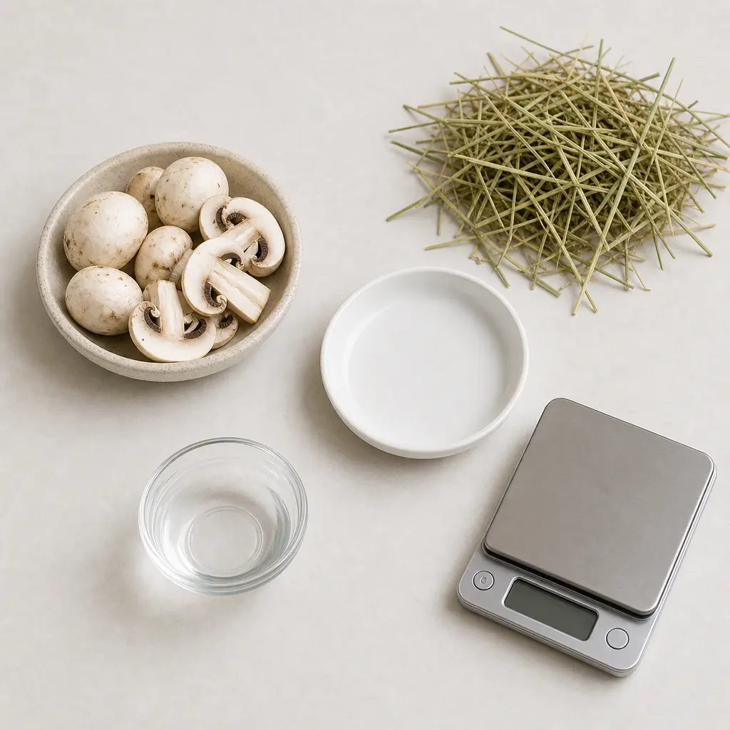 Whole and sliced white mushrooms kept away from an empty saucer, hay, water, and a gram scale.