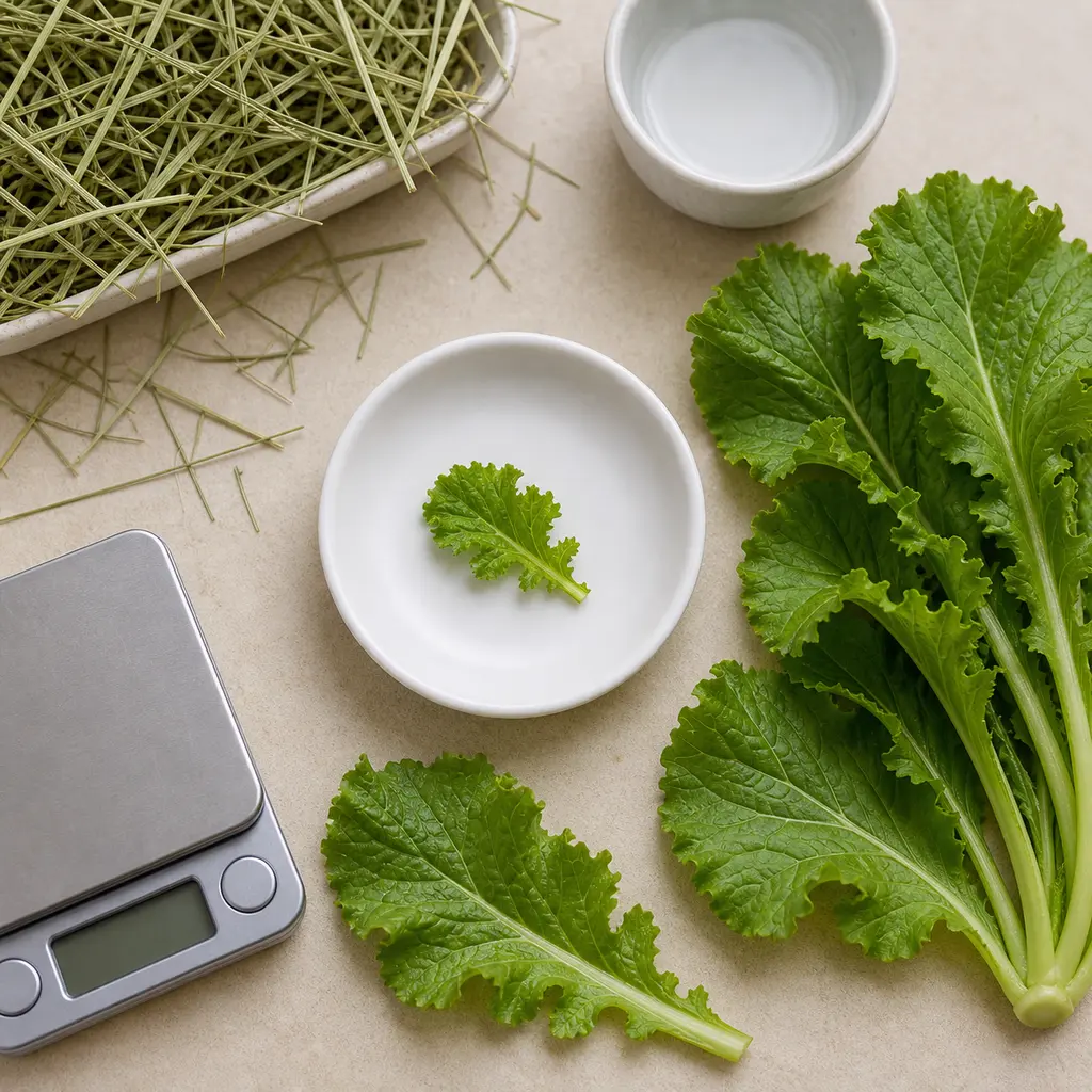 Tiny washed mustard green leaf piece on a saucer beside fresh mustard greens, hay, water, and a gram scale.