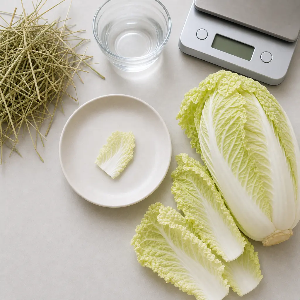 Tiny raw napa cabbage leaf piece on a saucer beside fresh napa cabbage leaves, hay, water, and a gram scale.