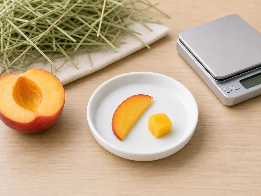 Tiny nectarine cube and slice on a saucer beside a pitted nectarine half, hay, water, and a gram scale.