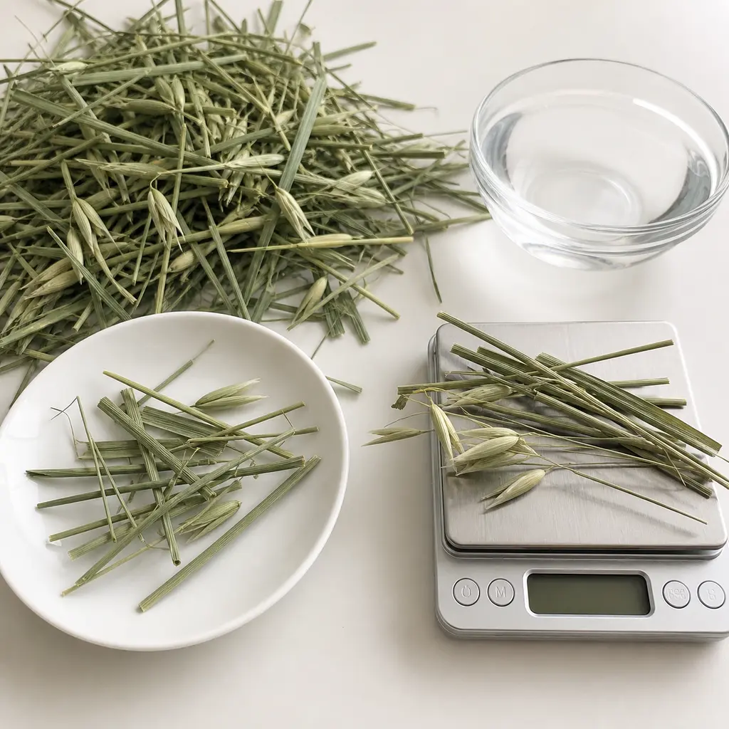 Clean oat hay stems and seed heads on a saucer beside loose oat hay, water, and a gram scale.