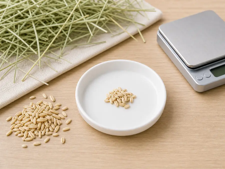 Tiny dry whole oat pinch on a saucer beside plain oats, hay, water, and a gram scale.