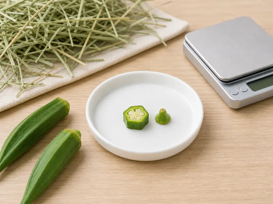 Tiny raw okra slice on a saucer beside fresh okra pods, hay, water, and a gram scale.