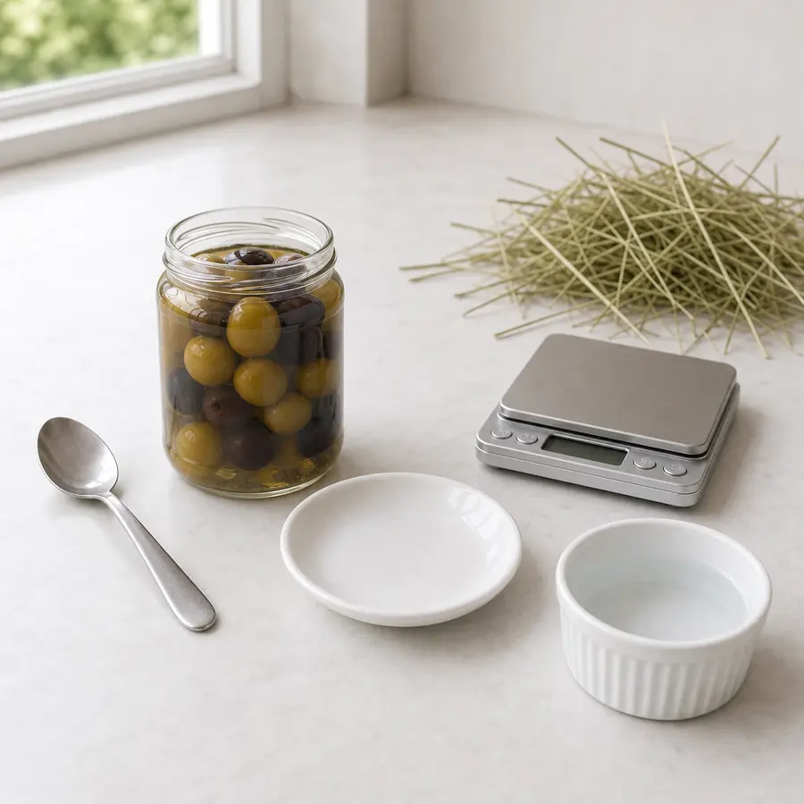Open jar of green and black olives in brine kept away from an empty saucer, hay, water, and a gram scale.