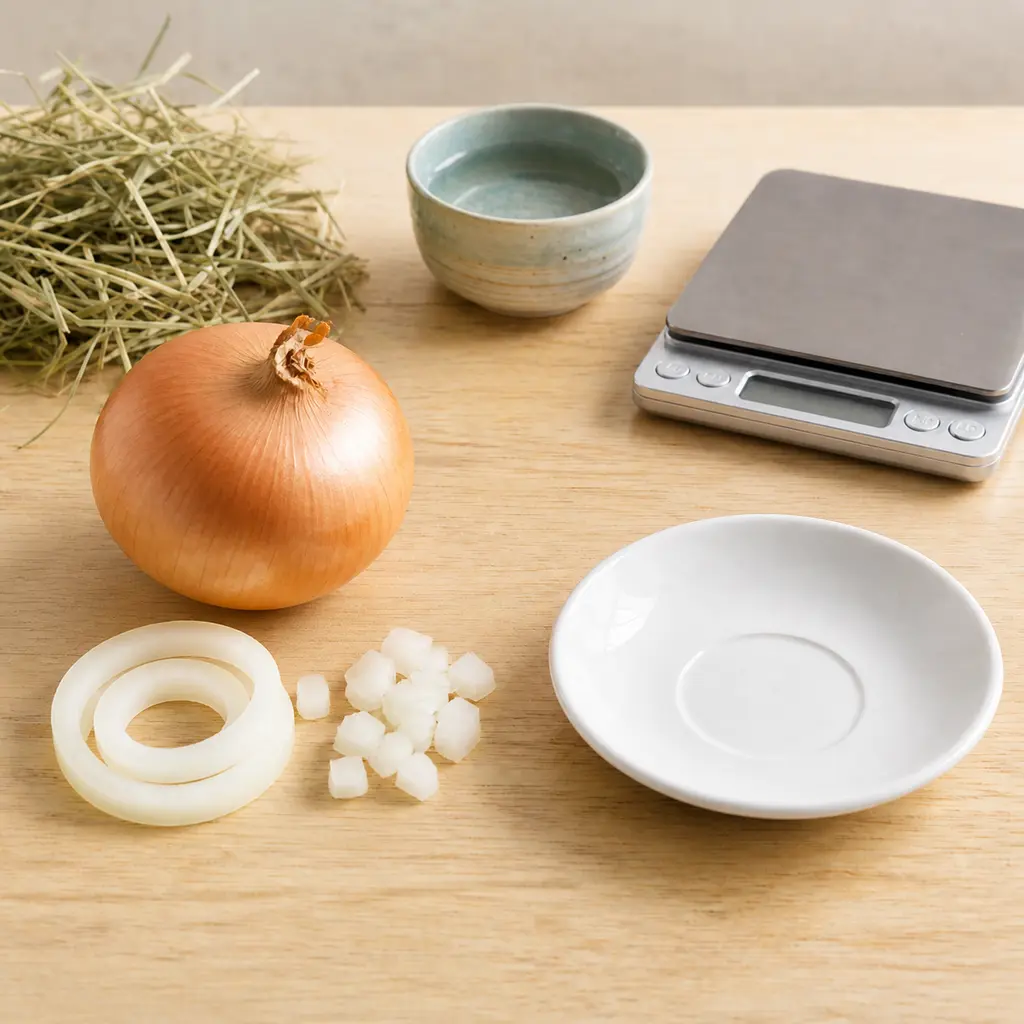 Whole onion, onion rings, and chopped onion kept away from an empty saucer, hay, water, and a gram scale.