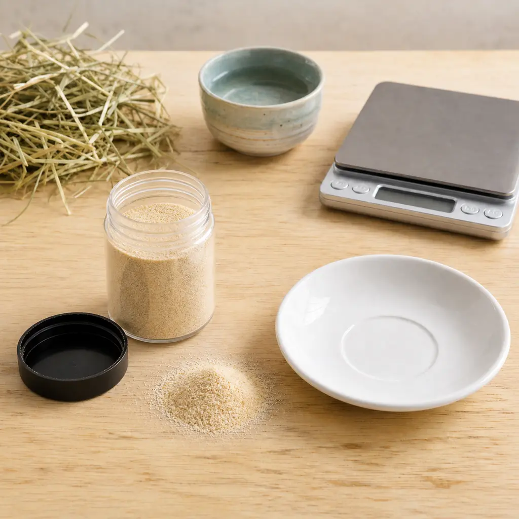 Open jar and small pile of onion powder kept away from an empty saucer, hay, water, and a gram scale.
