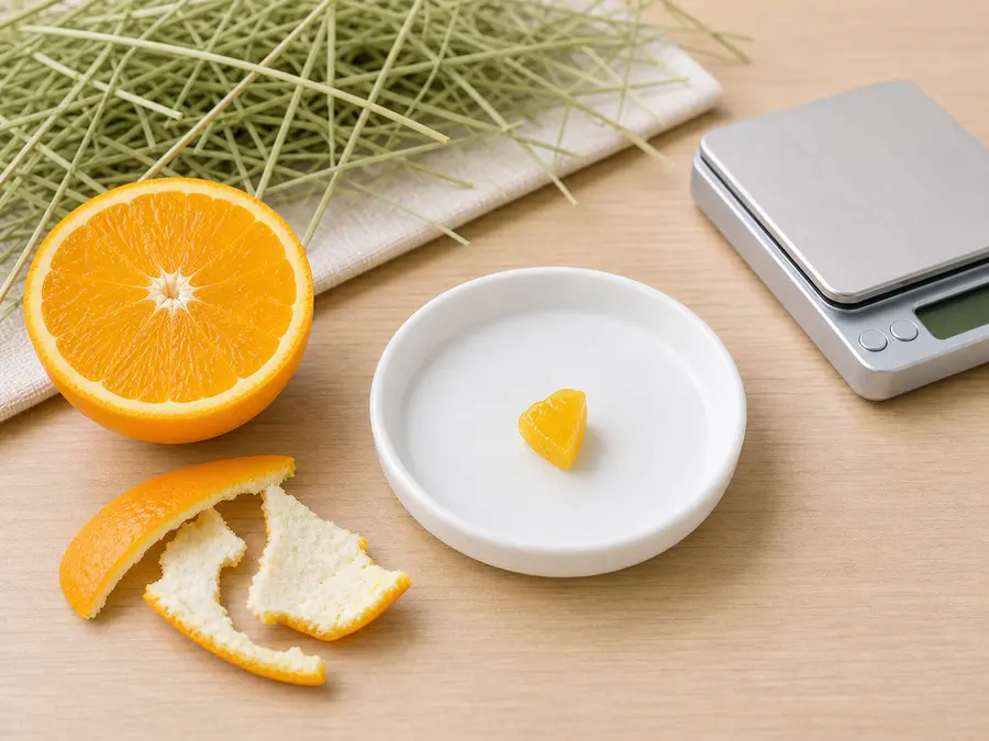 Orange peel strips kept away from a tiny peeled orange flesh piece on a saucer beside hay, water, and a gram scale.
