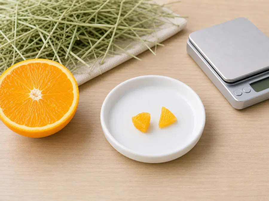 Tiny peeled orange segment pieces on a saucer beside an orange half, hay, water, and a gram scale.