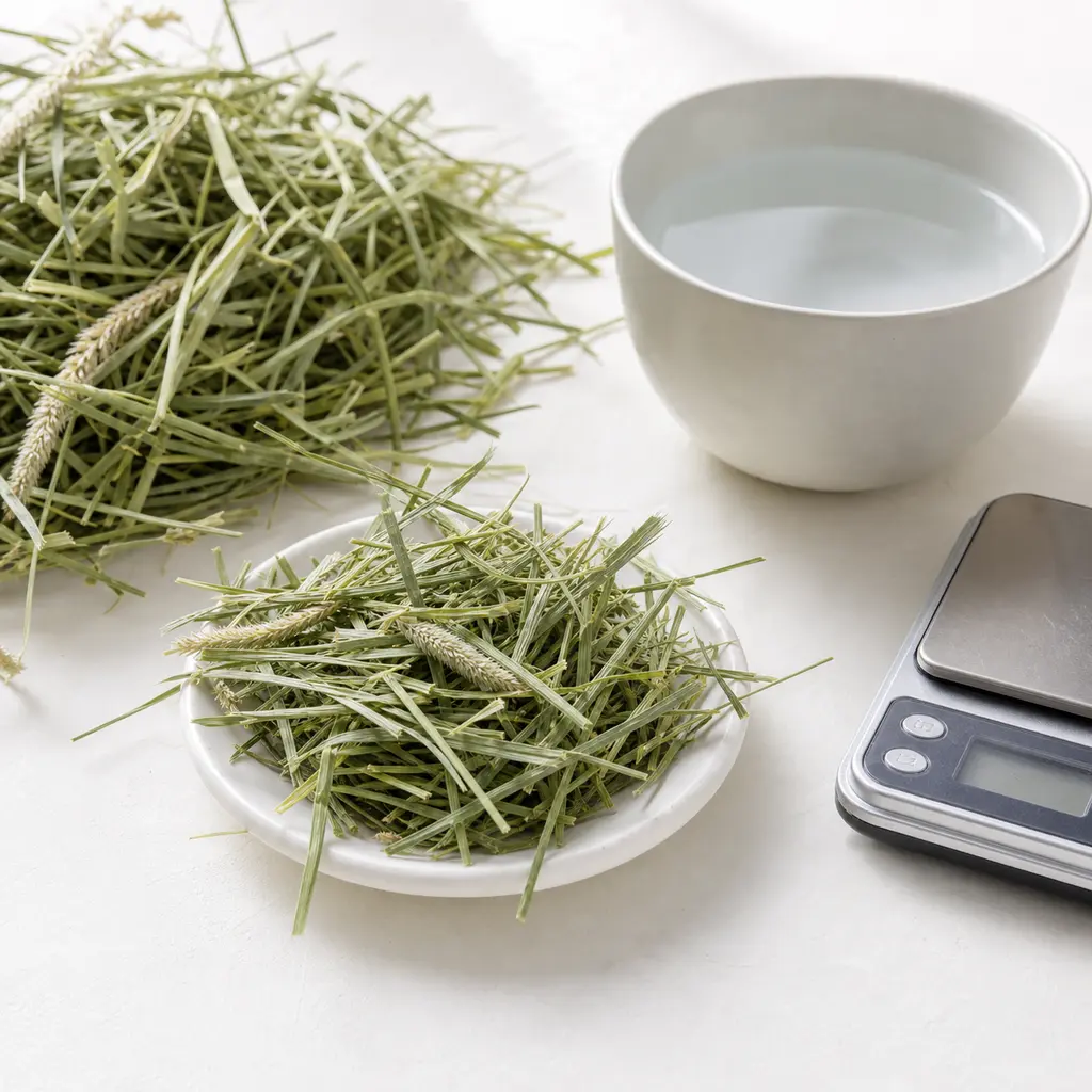 Clean soft orchard grass hay on a saucer beside loose orchard grass hay, water, and a gram scale.