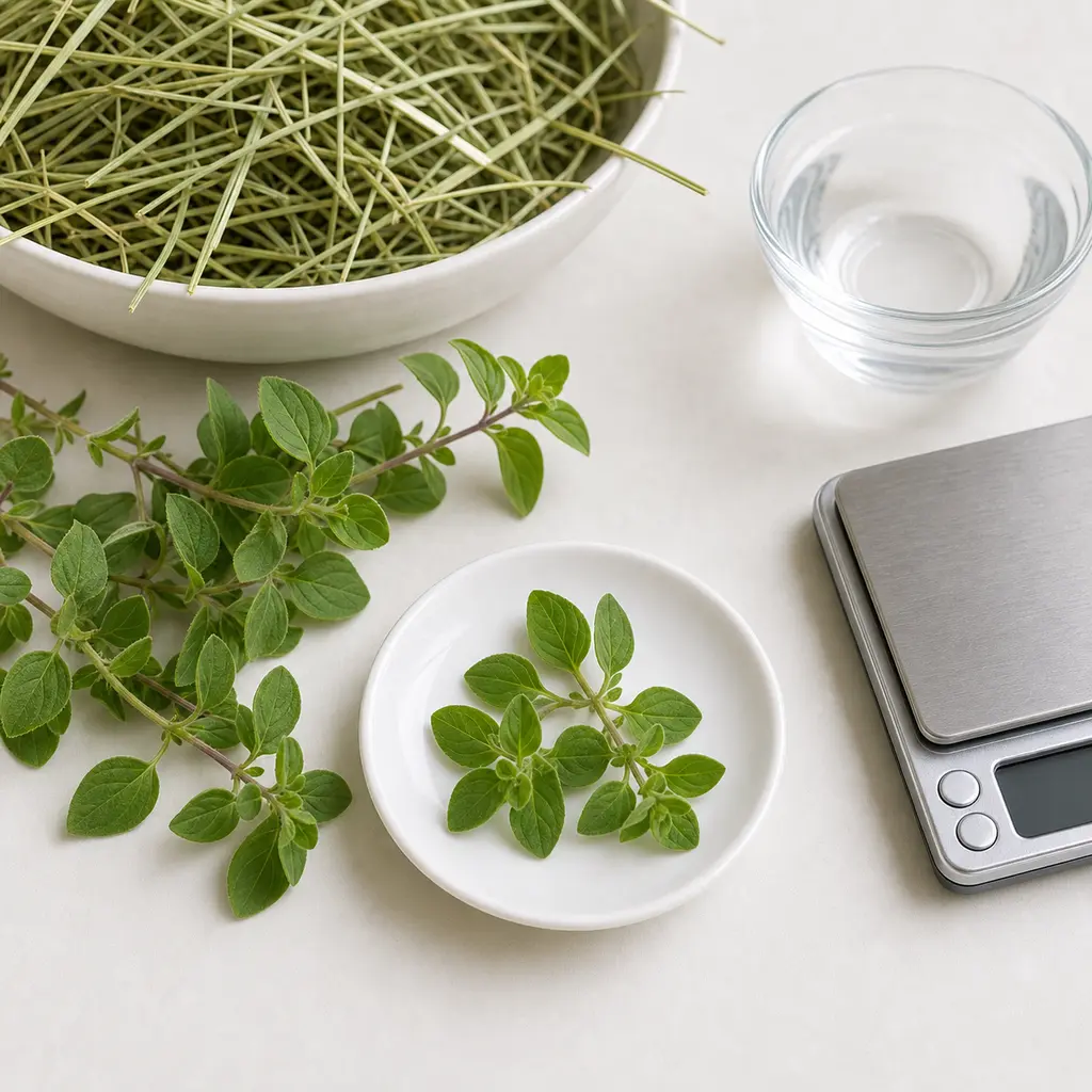 Tiny washed oregano sprig on a saucer beside fresh oregano, hay, water, and a gram scale.