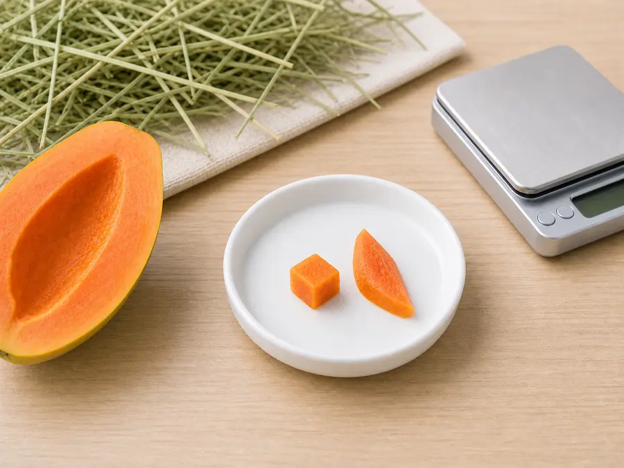 Tiny peeled papaya cube and slice on a saucer beside a seeded papaya half, hay, water, and a gram scale.