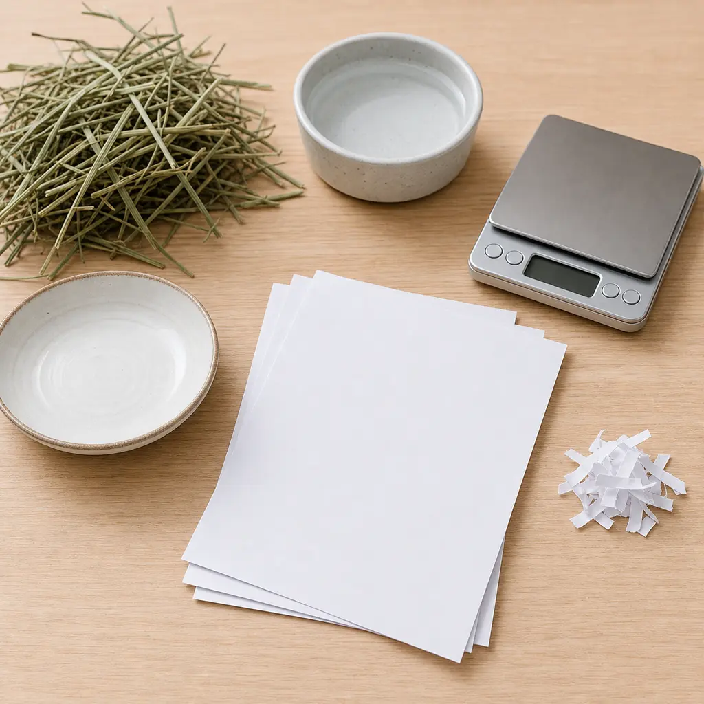 Plain paper and shredded paper kept away from an empty saucer, hay, water, and a gram scale.