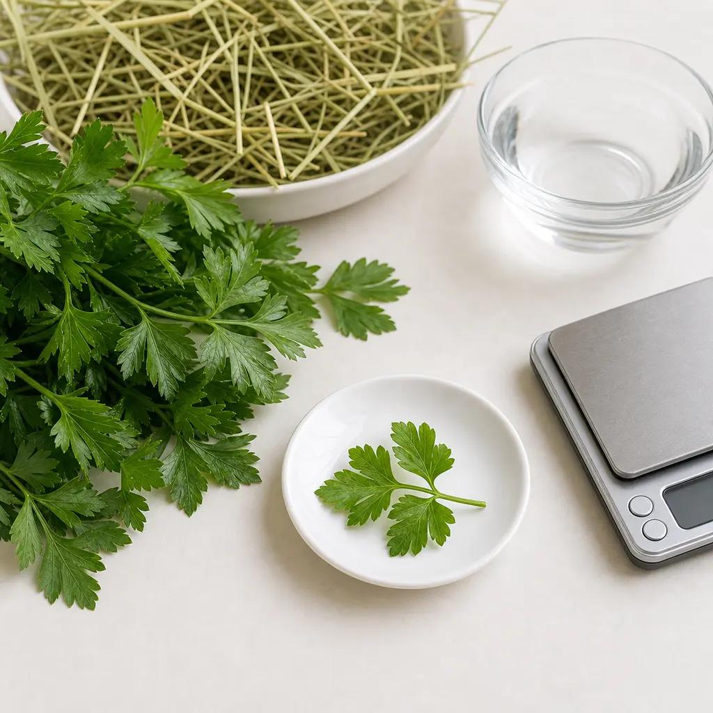 Tiny washed parsley sprig on a saucer beside fresh parsley, hay, water, and a gram scale.