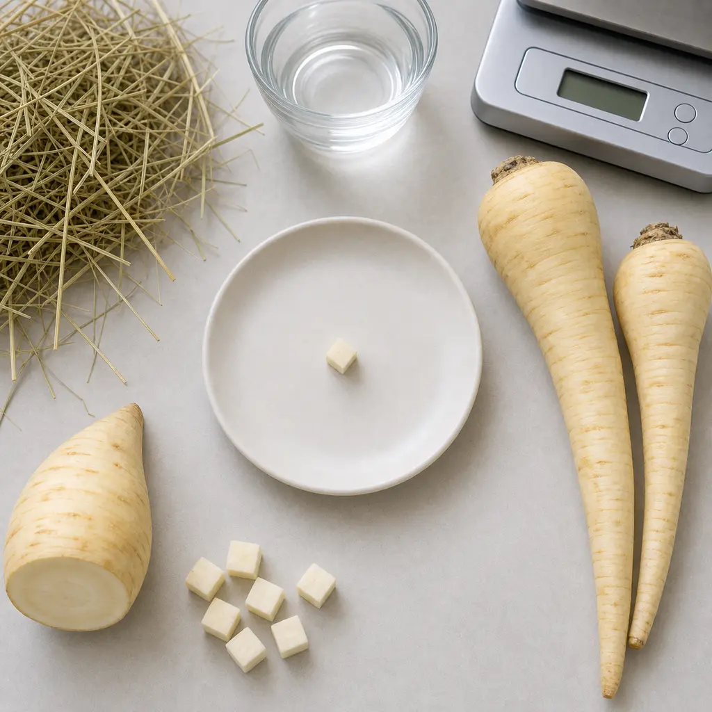 Tiny plain parsnip cube on a saucer beside fresh parsnips, hay, water, and a gram scale.