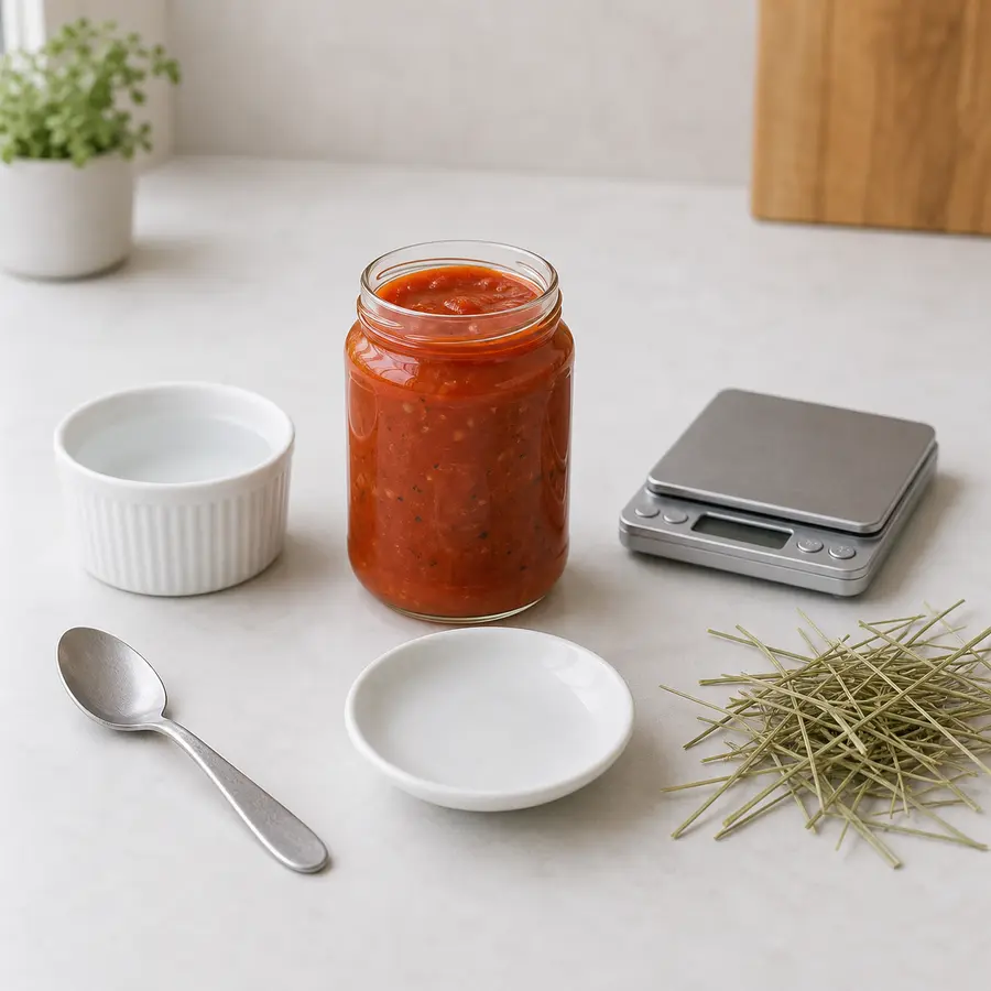 Open jar of red pasta sauce kept away from an empty saucer, hay, water, and a gram scale.