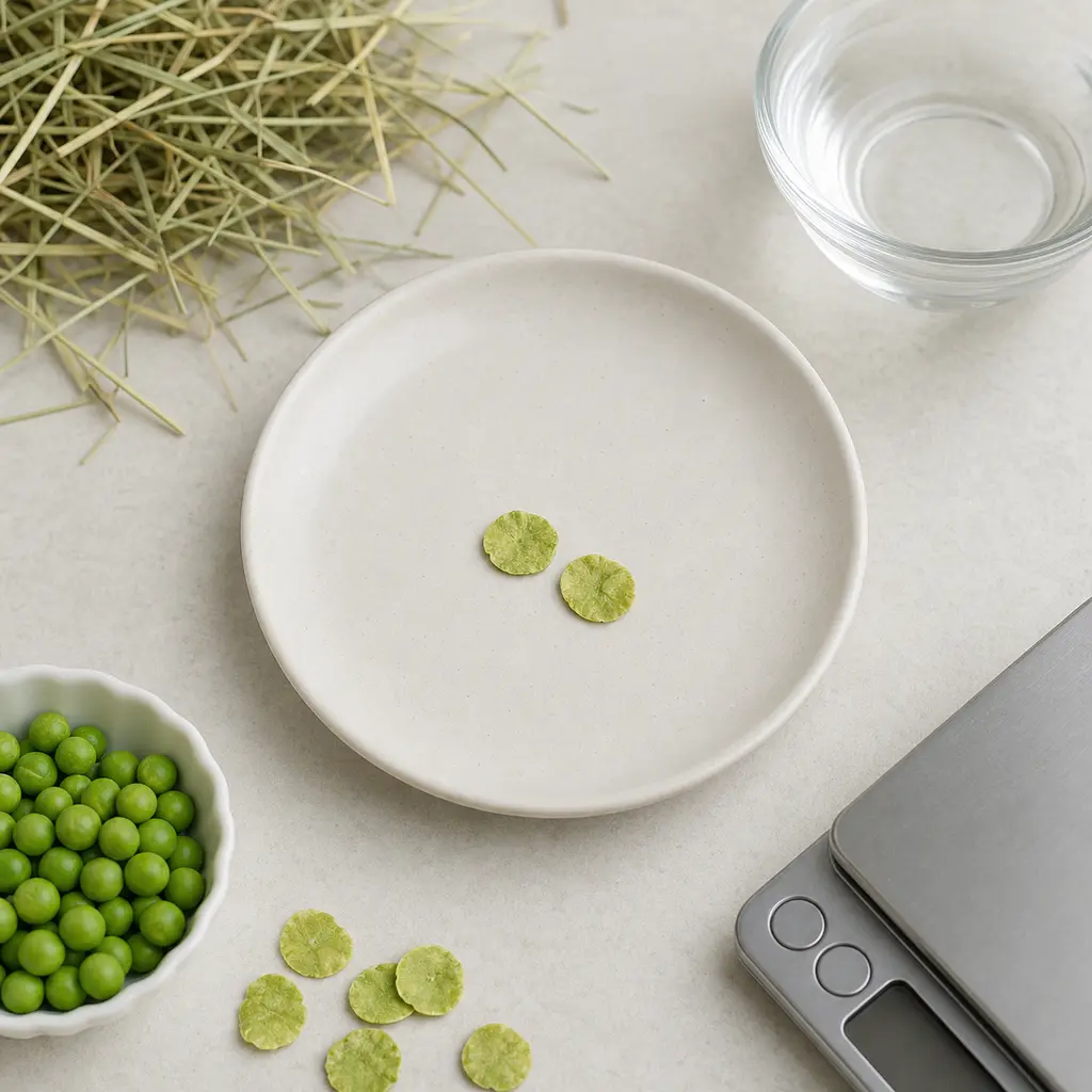 Two plain pea flakes on a saucer beside extra pea flakes, green peas, hay, water, and a gram scale.