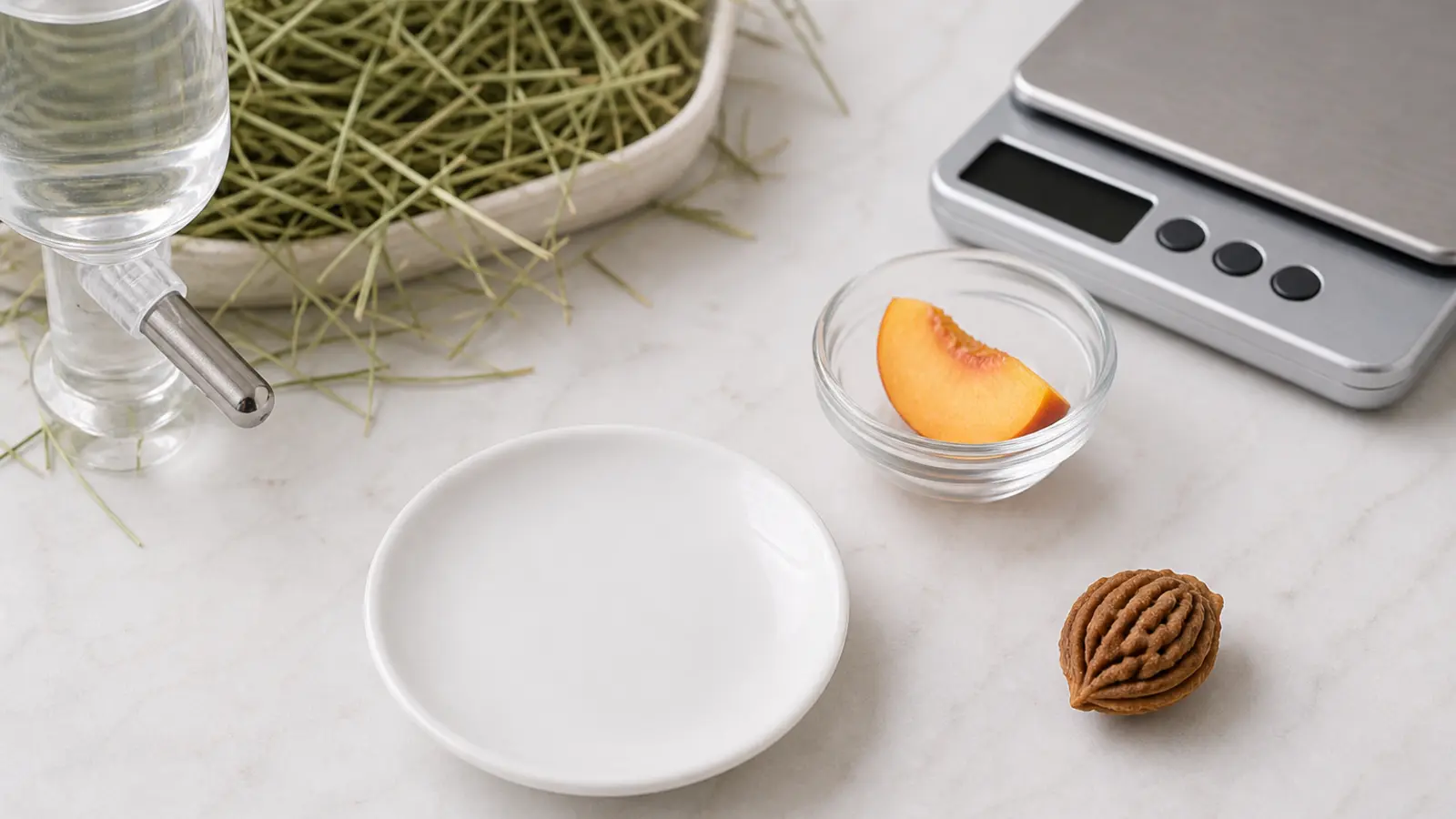 Hard peach pit kept away from an empty saucer beside a separate peach flesh piece, hay, water, and a gram scale.