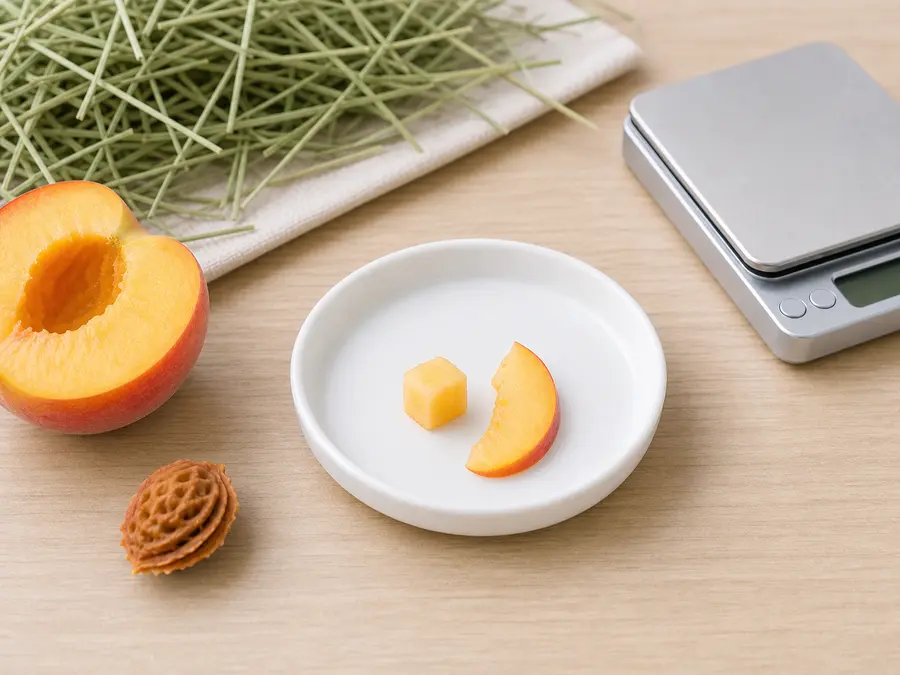 Tiny peach cube and slice on a saucer beside a pitted peach half, hay, water, and a gram scale.