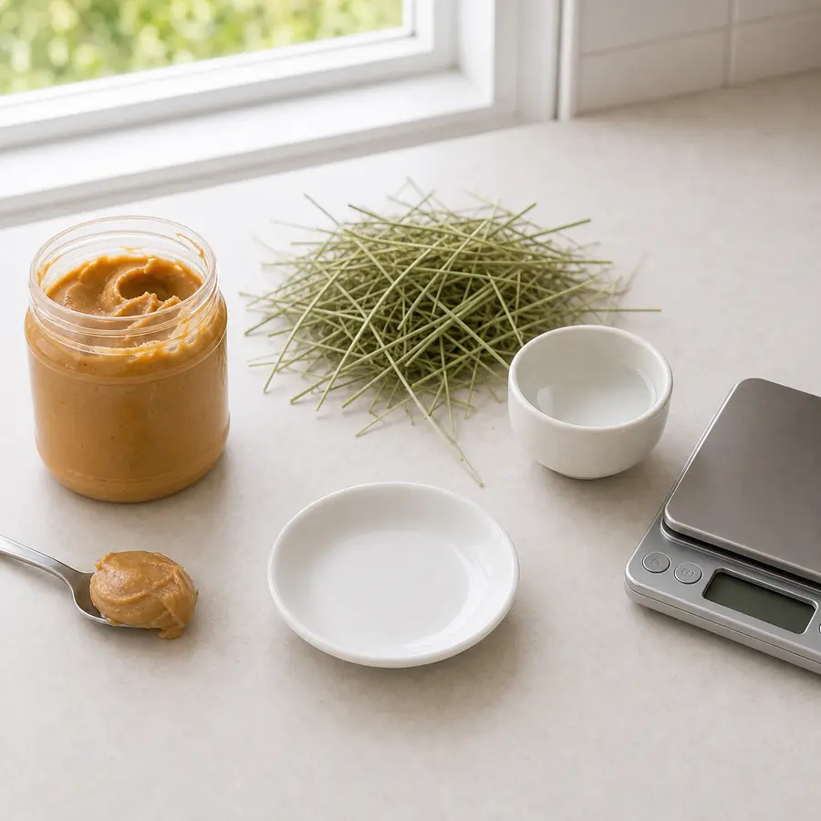 Open jar and spoon of peanut butter kept away from an empty saucer, hay, water, and a gram scale.