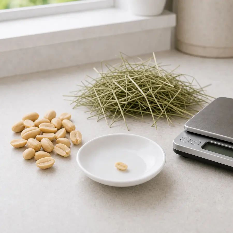 Tiny plain peanut sliver on a saucer beside plain peanuts, hay, and a gram scale.