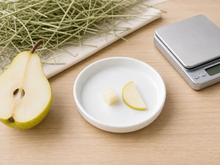 Tiny pear cube and slice on a saucer beside a cored pear half, hay, water, and a gram scale.
