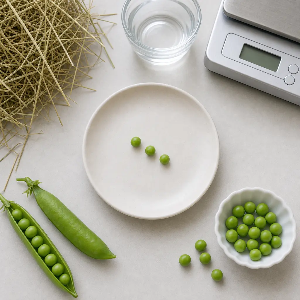 Three plain green peas on a saucer beside fresh pea pods, loose peas, hay, water, and a gram scale.