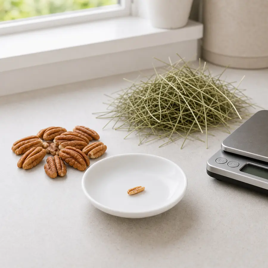Tiny plain pecan sliver on a saucer beside plain pecans, hay, and a gram scale.