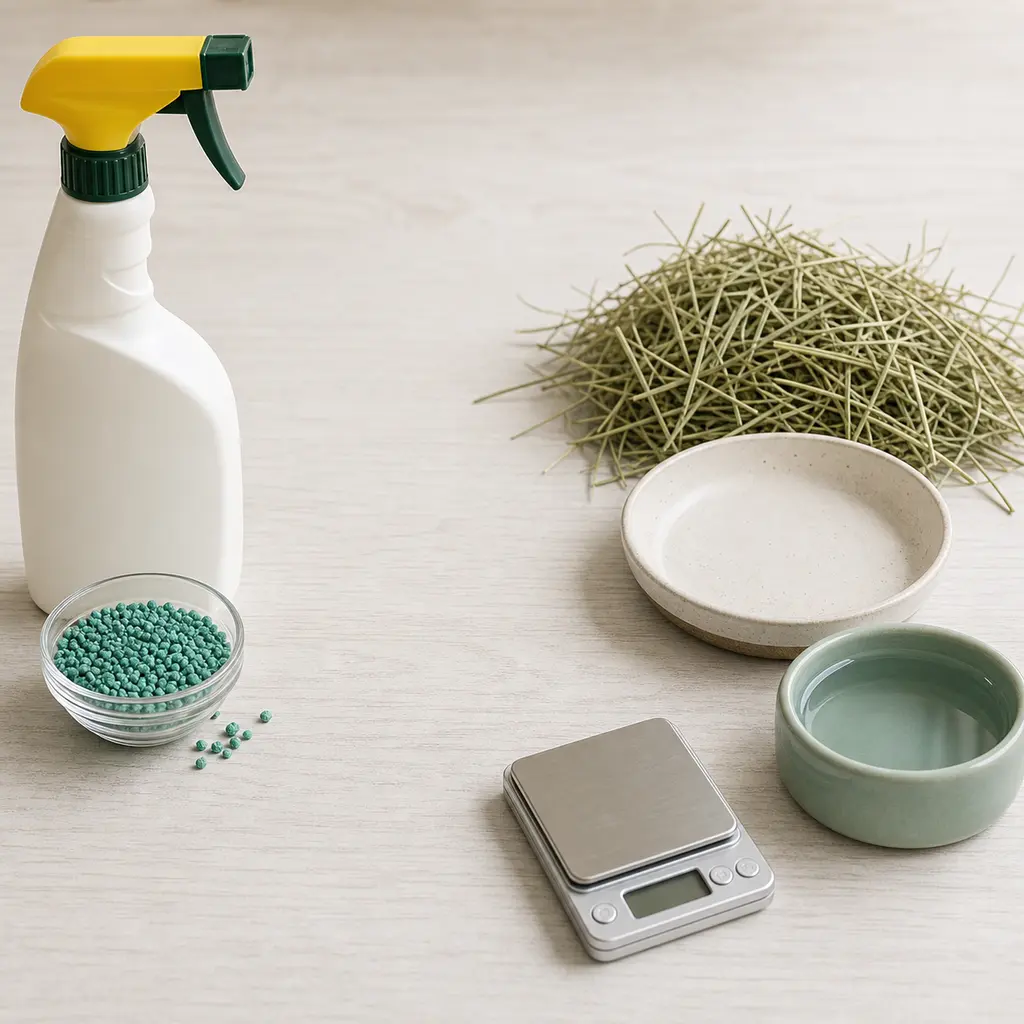 Unbranded pesticide sprayer and granules kept away from an empty saucer, hay, water, and a gram scale.