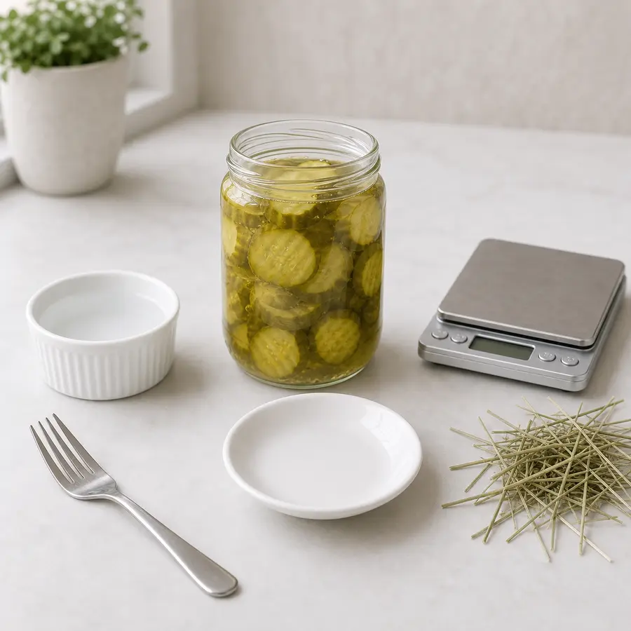 Open jar of pickle slices in brine kept away from an empty saucer, hay, water, and a gram scale.