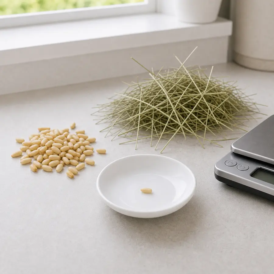 Tiny plain pine nut kernel on a saucer beside plain pine nuts, hay, and a gram scale.