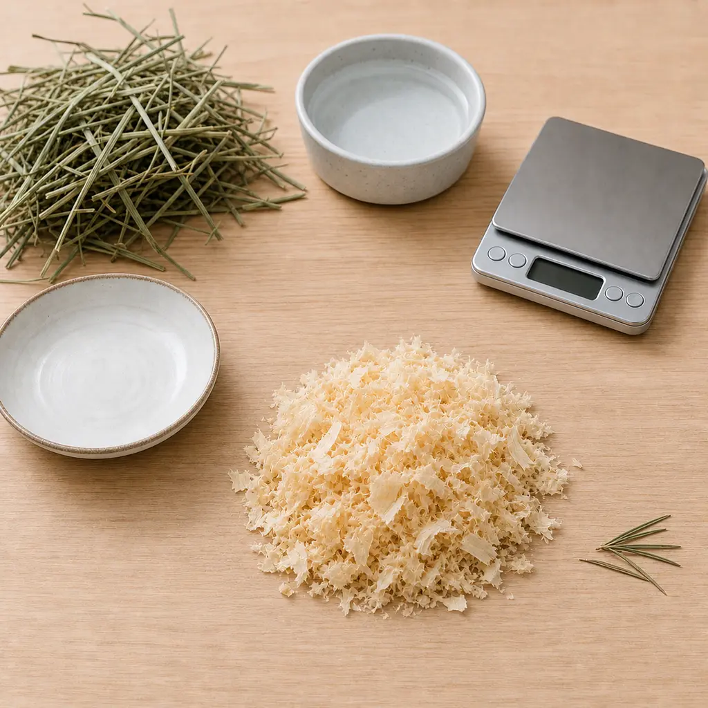 Pale pine shavings kept away from an empty saucer, hay, water, and a gram scale.