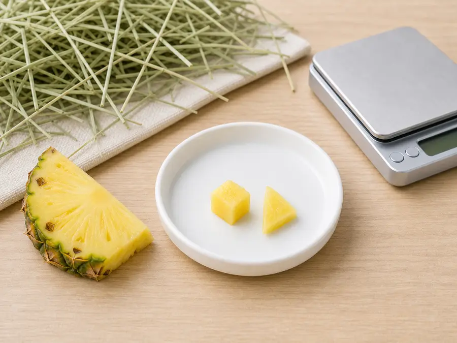 Tiny peeled pineapple cube and sliver on a saucer beside pineapple with rind kept away, hay, water, and a gram scale.