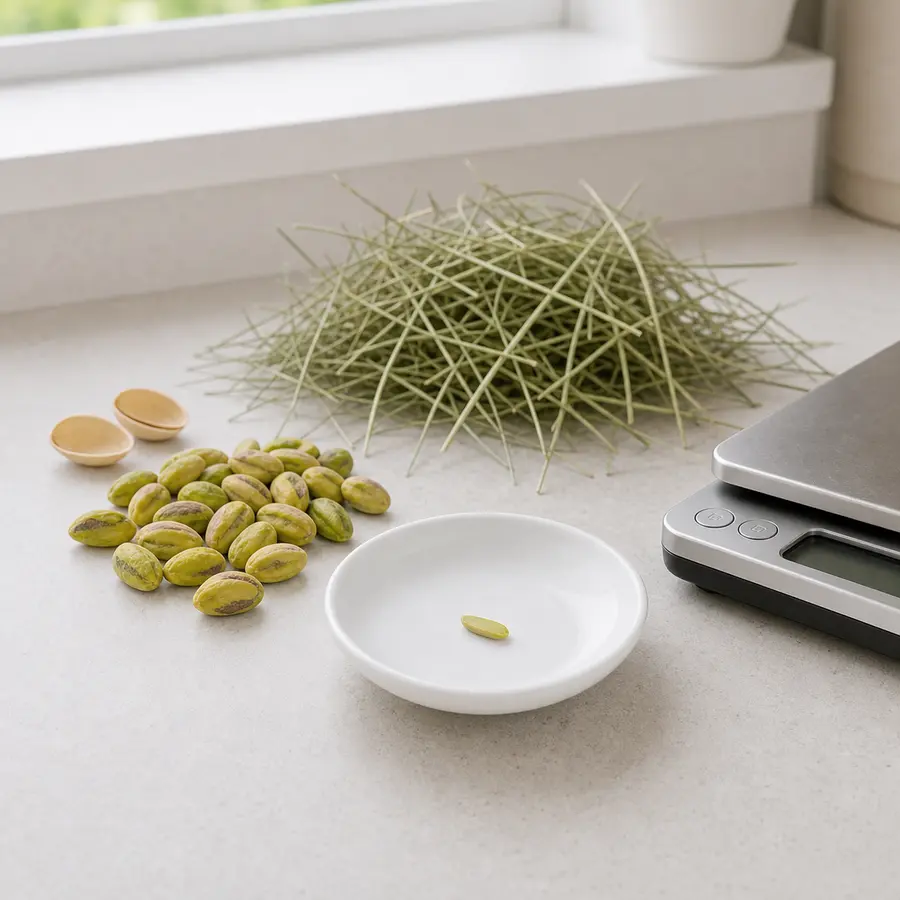 Tiny plain pistachio sliver on a saucer beside plain shelled pistachios, hay, and a gram scale.