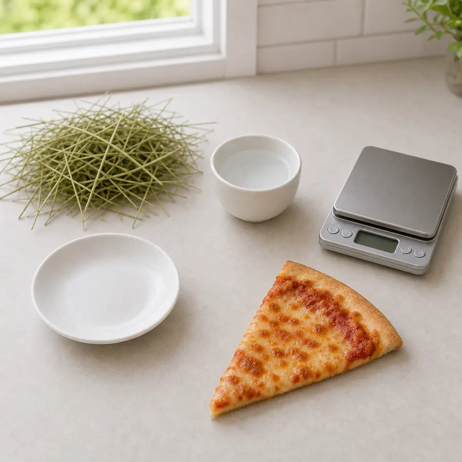 Slice of cheese pizza kept away from an empty saucer, hay, water, and a gram scale.