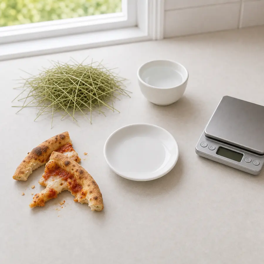 Greasy pizza crust pieces kept away from an empty saucer, hay, water, and a gram scale.