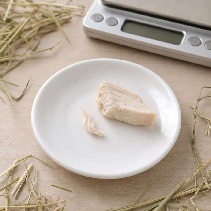 Tiny plain cooked chicken shred on a saucer beside unseasoned chicken, hay, and a gram scale.