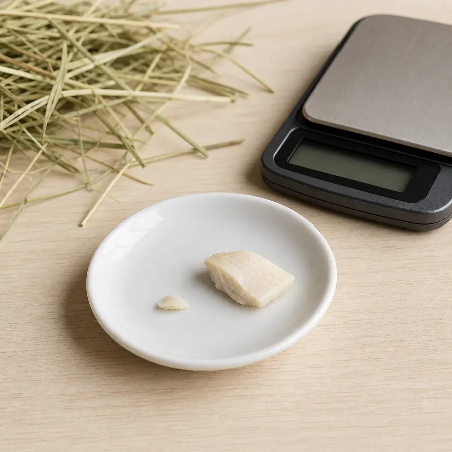 Tiny plain cooked white fish flake on a saucer beside boneless fish, hay, and a gram scale.