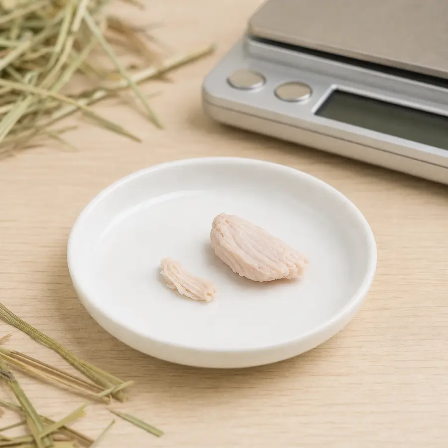 Tiny plain cooked turkey shred on a saucer beside unseasoned turkey, hay, and a gram scale.