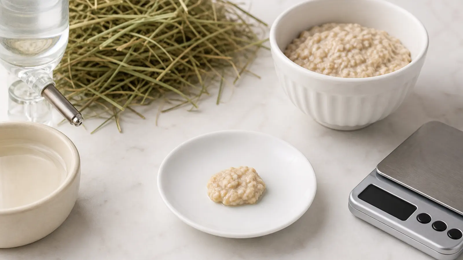 Tiny dab of plain cooled oatmeal on a saucer beside hay, water, and a gram scale.