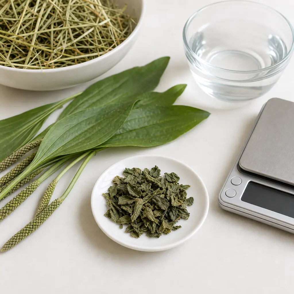 Tiny dried broadleaf plantain leaf pinch on a saucer beside clean Plantago leaves, hay, water, and a gram scale.