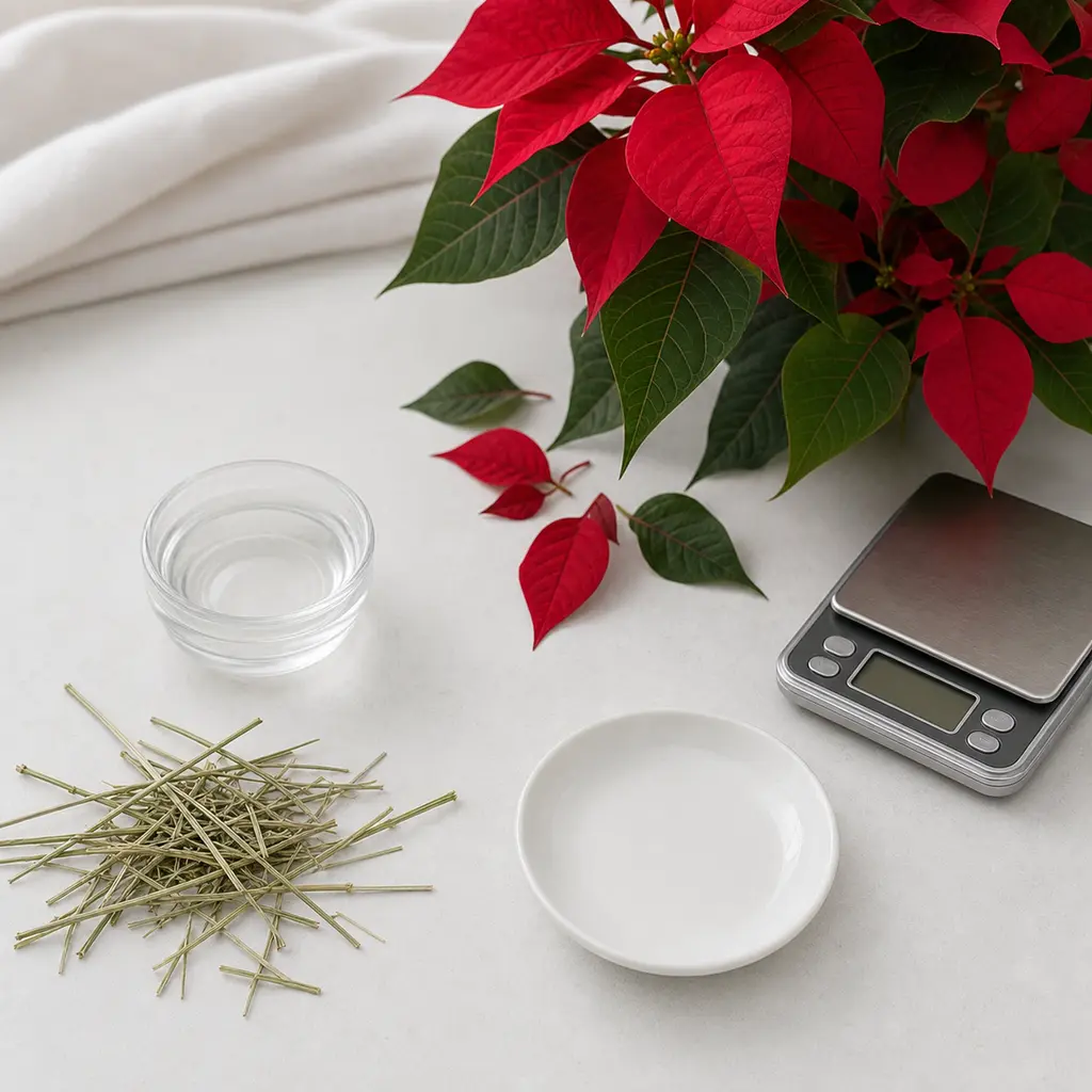 Red poinsettia bracts and green leaves kept away from an empty saucer, hay, water, and a gram scale.