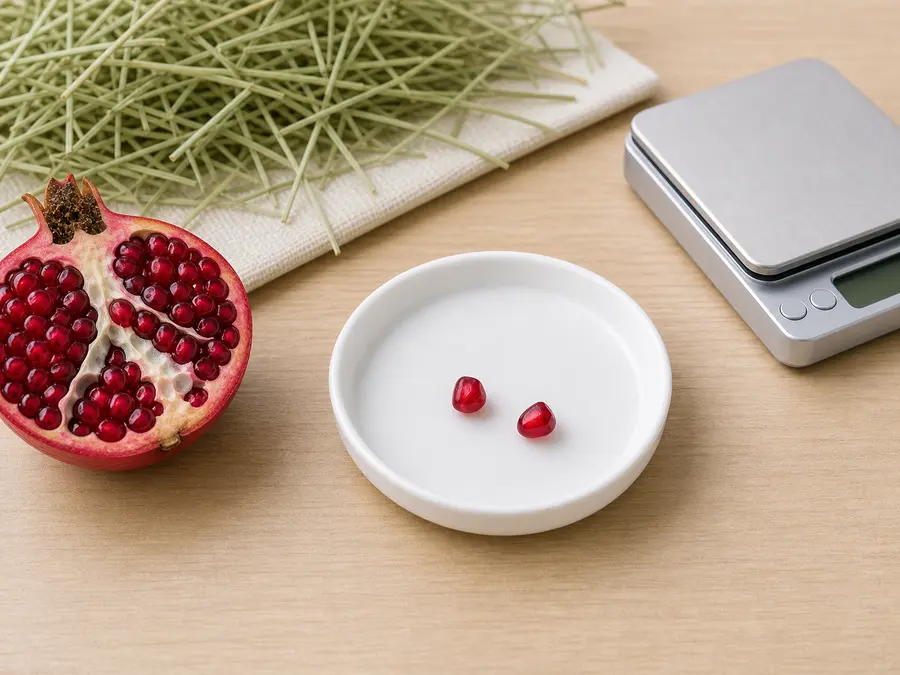 Two tiny pomegranate arils on a saucer beside a cut pomegranate, hay, water, and a gram scale.