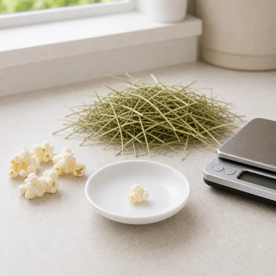 Tiny plain air-popped popcorn piece on a saucer beside plain popcorn, hay, and a gram scale.