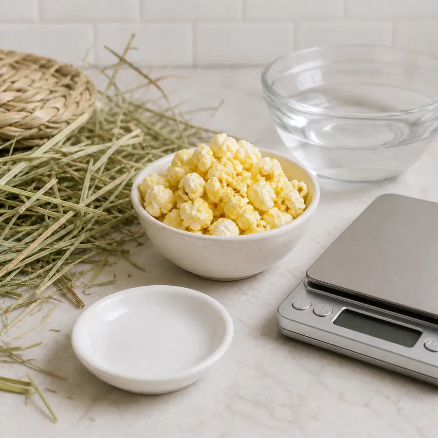 Bowl of buttered popcorn kept away from an empty saucer, hay, water, and a gram scale.