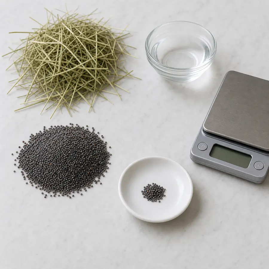 Tiny measured pinch of plain culinary poppy seeds on a saucer beside plain poppy seeds, hay, water, and a gram scale.